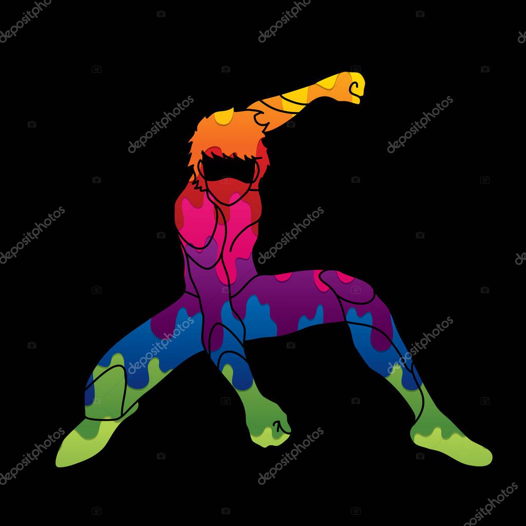 Superhero landing action, Cartoon superhero man graphic vector.