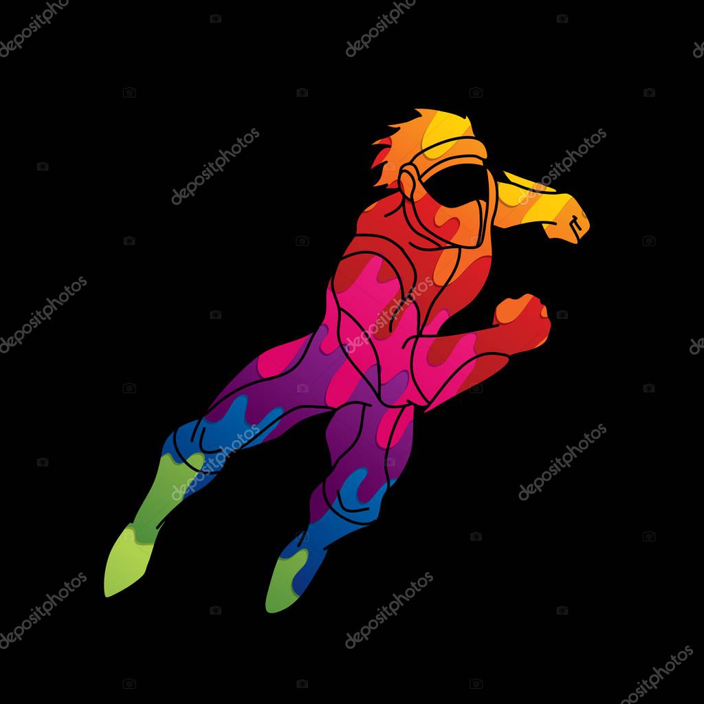 Superhero flying action, Cartoon superhero man jumping graphic vector.