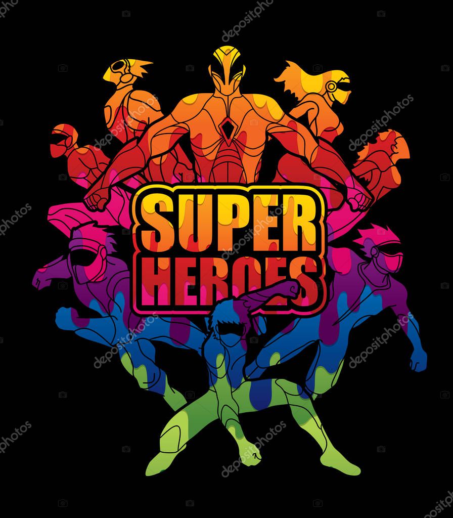 Group of Super Heroes action with text super heroes graphic vector