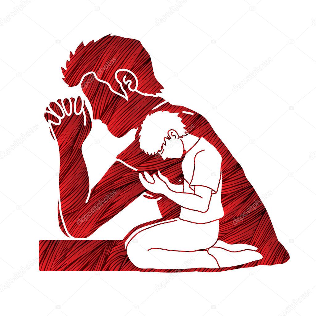 Prayer, Christian praying together , cartoon graphic vector