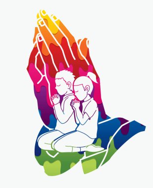 Oğlan ve kız dua, dua, Tanrıya şükür, ibadet karikatür grafik vektör Hıristiyan