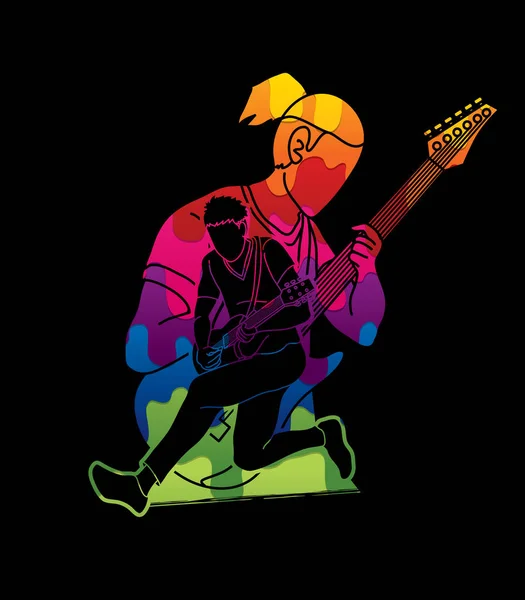 音乐家一起演奏音乐 音乐乐队 男人玩电动吉他图形矢量 — 图库矢量图片