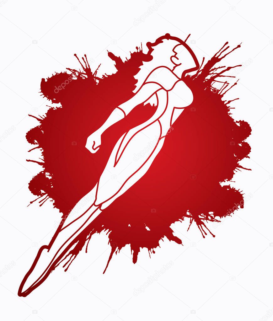 Superhero flying action, Cartoon superhero woman jumping graphic vector.