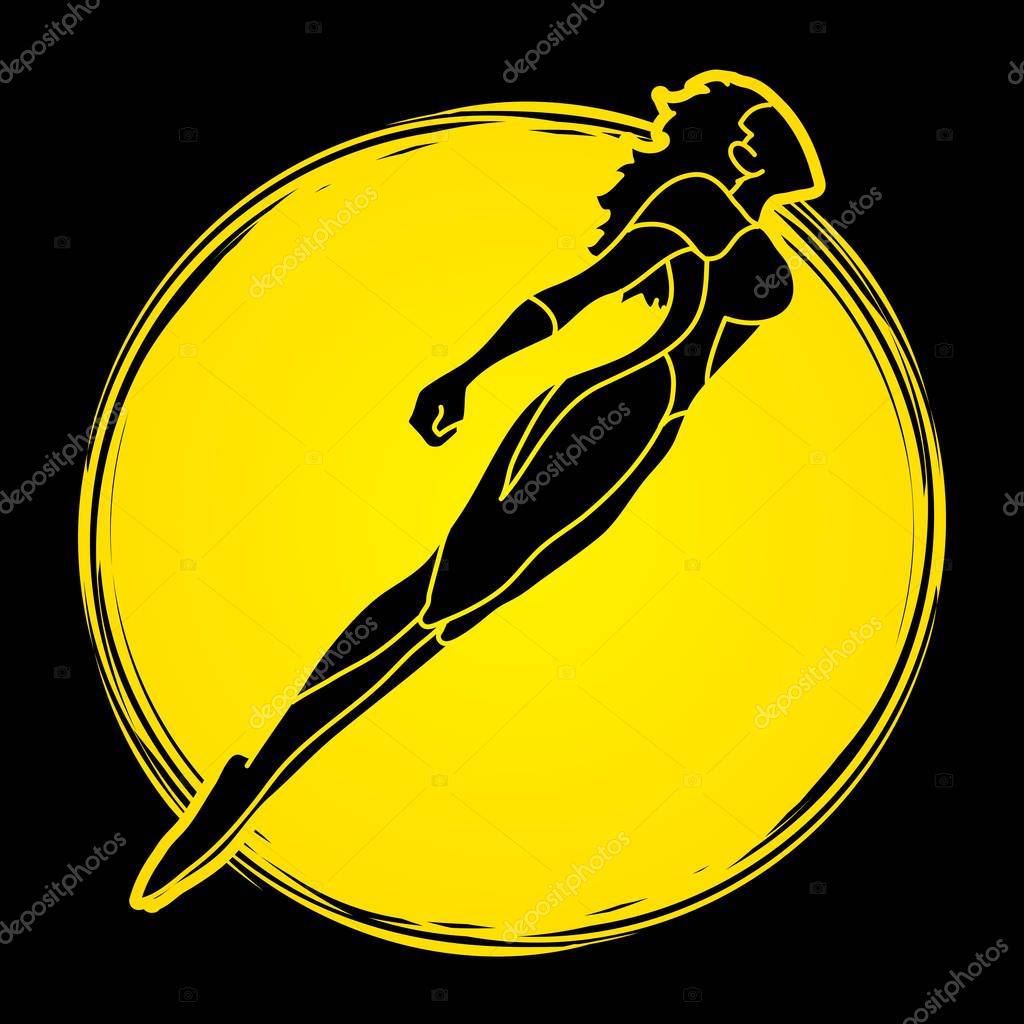 Superhero flying action, Cartoon superhero woman jumping graphic vector.
