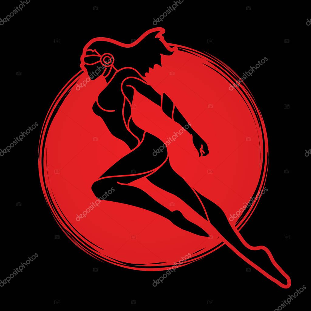 Superhero flying action, Cartoon superhero woman jumping graphic vector.