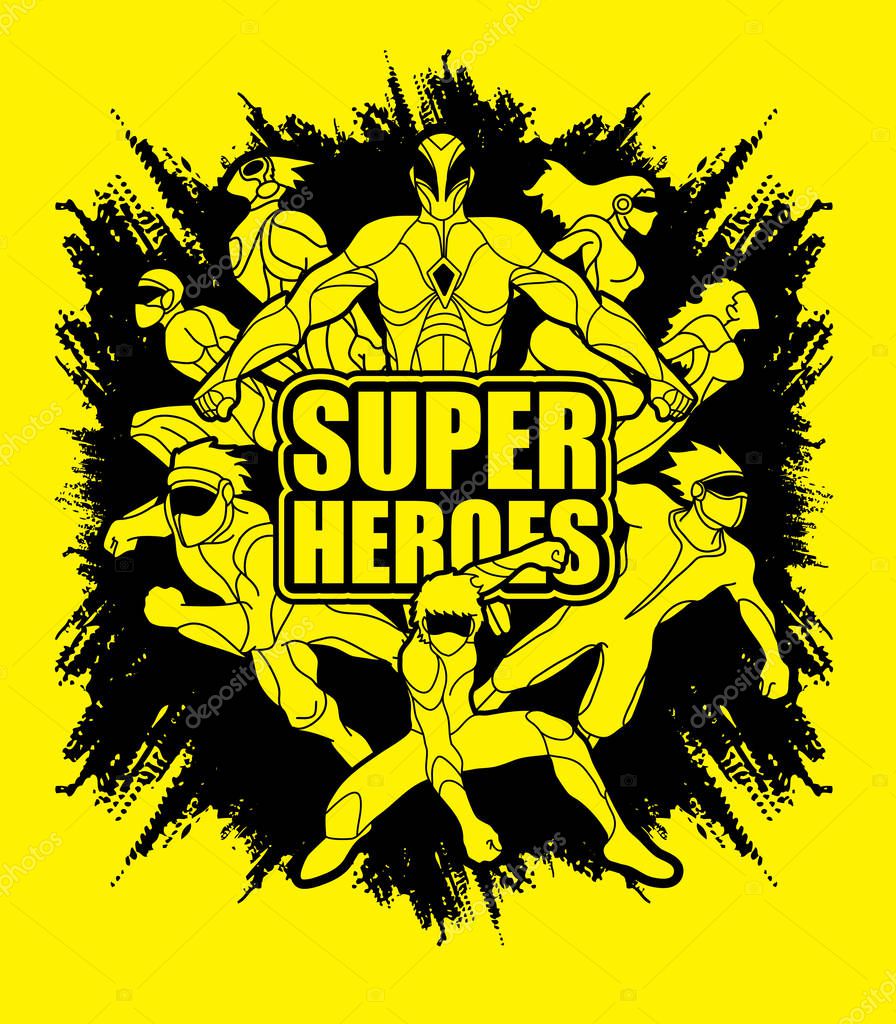 Group of Super Heroes action, Unity together team work graphic vector