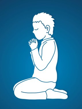 Küçük çocuk Tanrıya şükür, dua, Hıristiyan dua eden, teşekkür ederim Tanrım grafik vektör