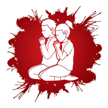 Küçük erkek ve kız çok şükür, dua, Hıristiyan dua eden, teşekkür ederim Tanrım grafik vektör
