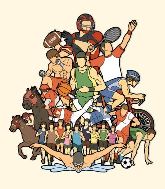 Spor oyuncular, farklı spor, spor mix eylem grafik vektör.