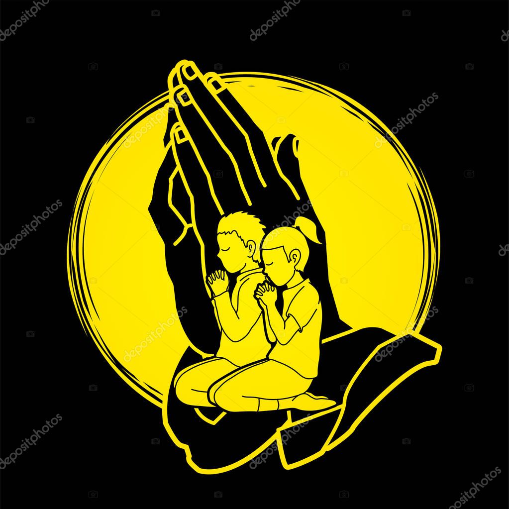 Boy and Girl Prayer, Christian praying ,Praise God, Worship cartoon graphic vector