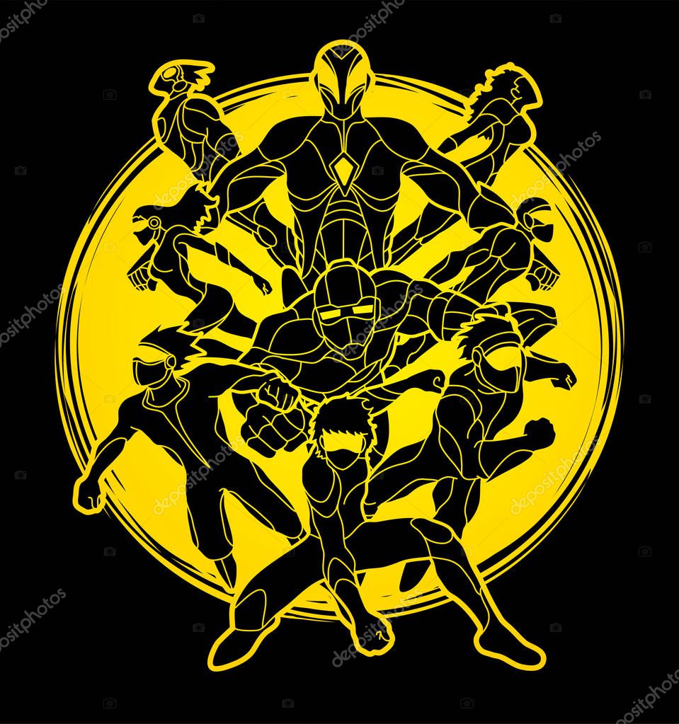 Group of Super Heroes action, Unity together team work graphic vector