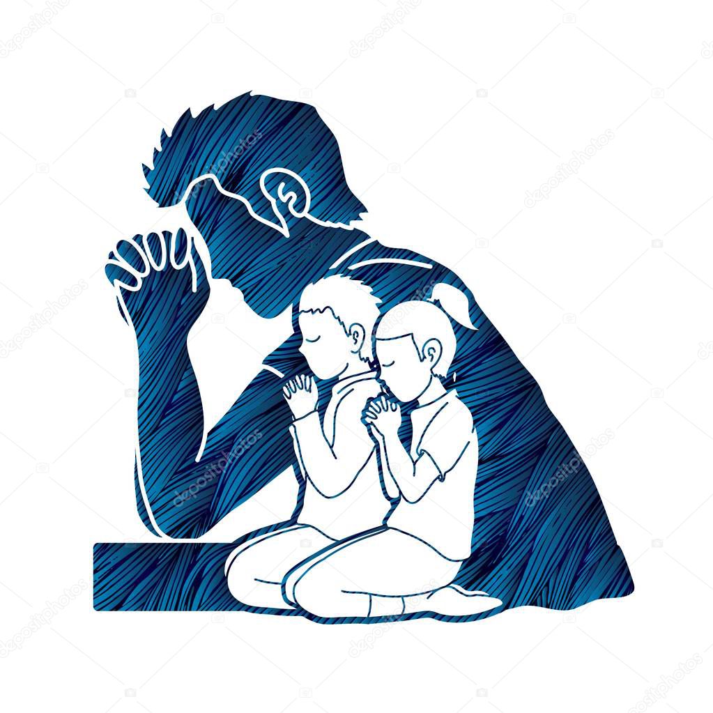 Little boy and girl prayer, Praise to the Lord , Double exposure graphic vector