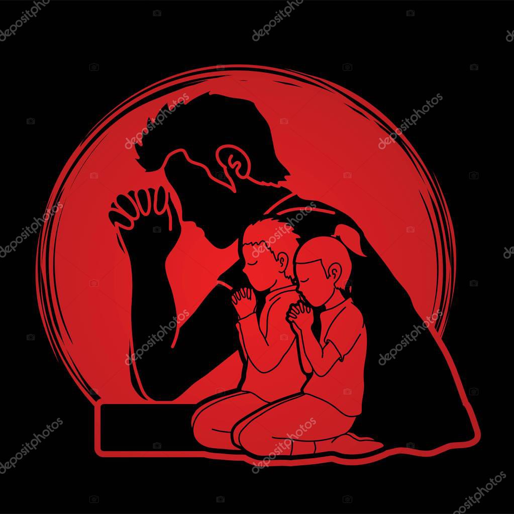 Little boy and girl prayer, Praise to the Lord , Double exposure graphic vector