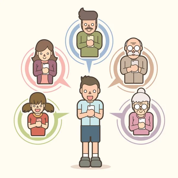 Ragazzino Chat Online Con Sua Famiglia Smart Phone Vettore Grafico — Vettoriale Stock