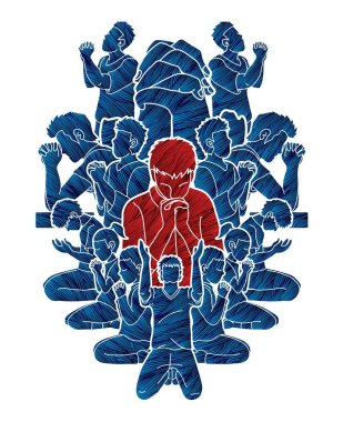 İnsanlar dua grubu Tanrım, dua, övgü Tanrı'ya, Double exposure karikatür grafik vektör için