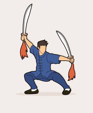 Man with swords action, Kung Fu pose graphic vector. clipart