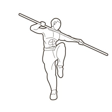 Man with quarterstaff action, Kung Fu pose graphic vector. clipart