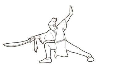 Adam kılıç eylem, Kung Fu ile poz grafik vektör.