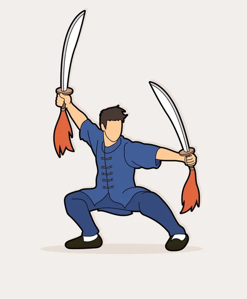 Hombre Con Espadas Acción Kung Pose Vector Gráfico — Vector de stock