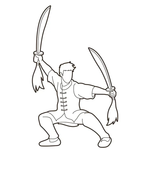 Homem Com Ação Espadas Kung Pose Vector Gráfico — Vetor de Stock