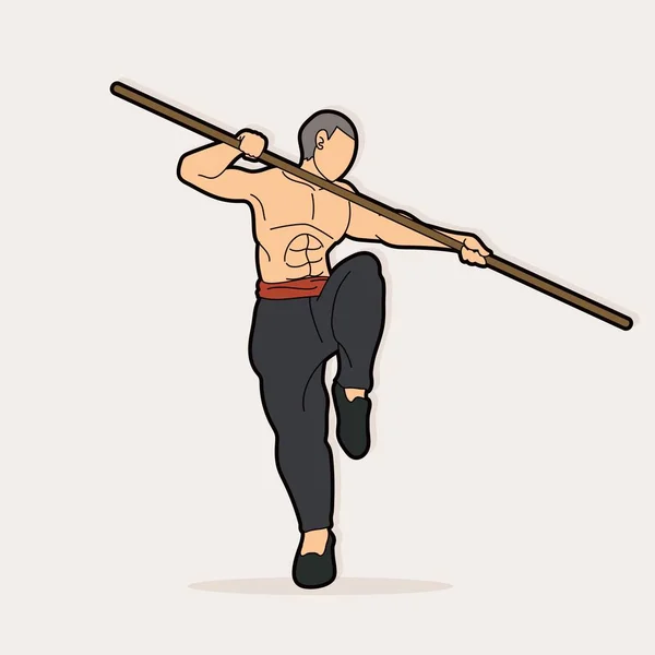 Homme Action Quarterstaff Kung Pose Vecteur Graphique — Image vectorielle