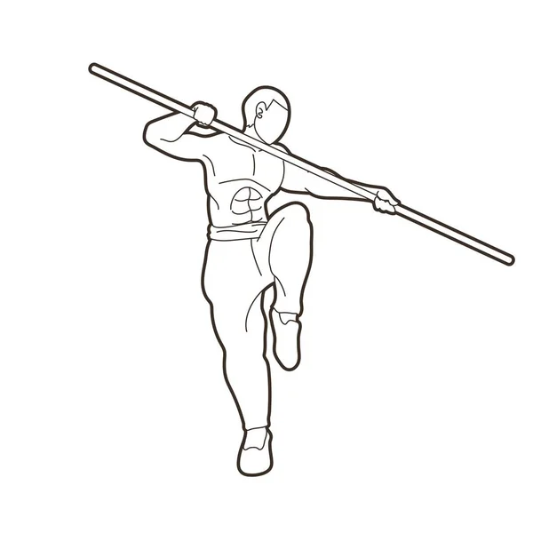 Hombre Con Acción Quarterstaff Kung Pose Vector Gráfico — Archivo Imágenes Vectoriales