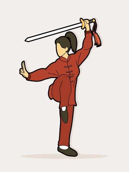 Femme Avec Action Épée Kung Pose Vecteur Graphique — Image vectorielle