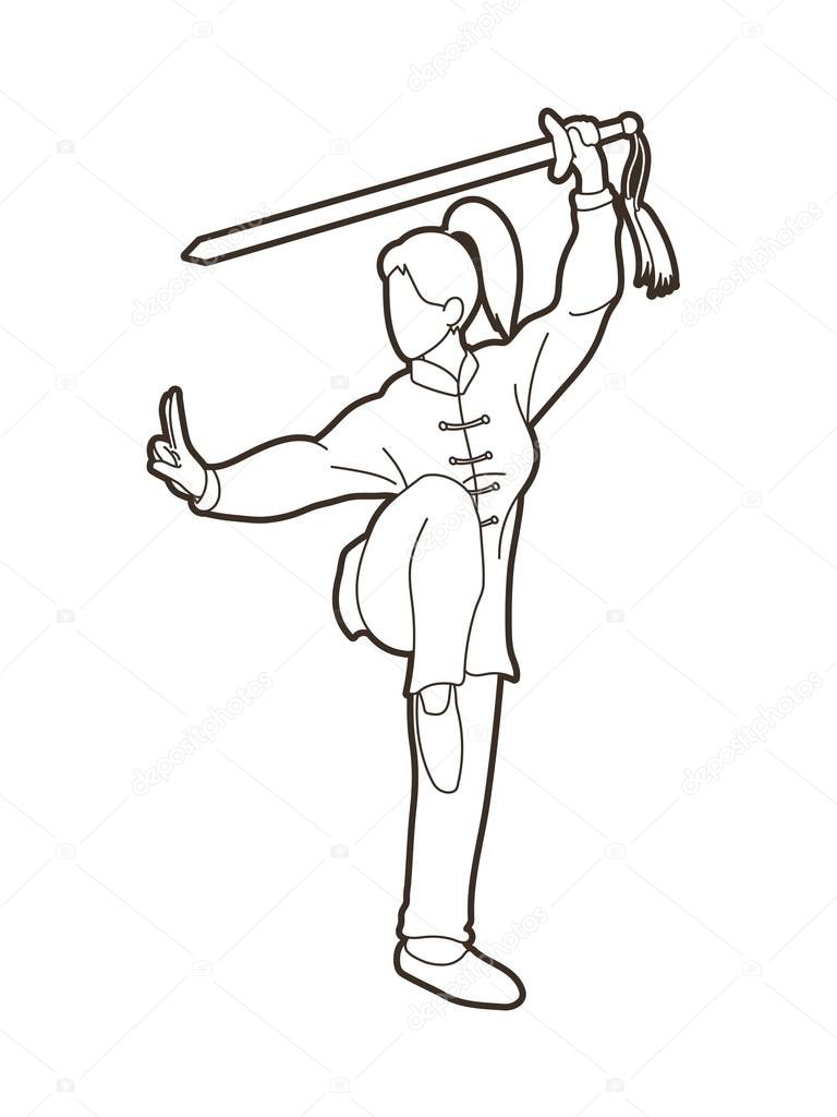 Woman with sword action, Kung Fu pose graphic vector.
