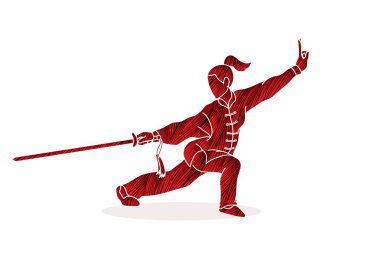Kılıç eylem kadınla, Kung Fu poz grafik vektör.