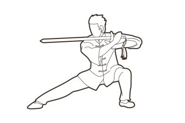 Man with sword action, Kung Fu pose graphic vector. clipart