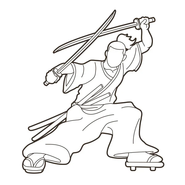 Samurai Standing Ready Fight Swords Cartoon Graphic Vector — Stock Vector