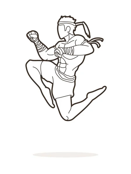 Muay Thai Fighting Thai Boxing Jumping Attack Cartoon Graphic Vector - Stok Vektor