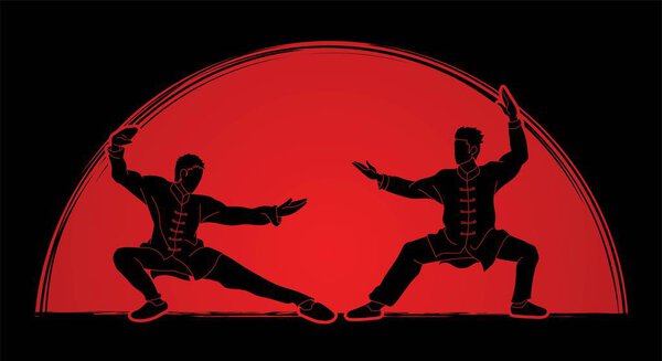 Men pose ready to fight Kung Fu action cartoon graphic vector.