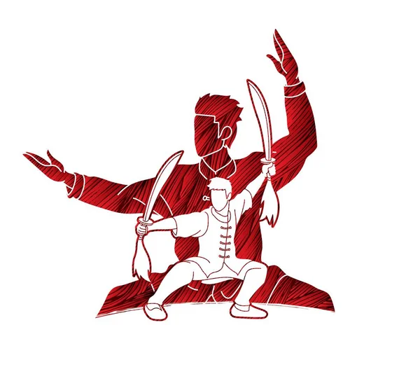 Kung Wushu Kılıçlı Grafik Vektör Poz — Stok Vektör