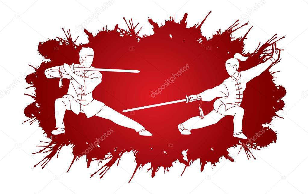 Man and woman pose with swords ready to fight Kung Fu cartoon graphic vector.
