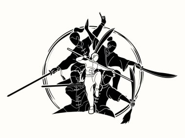 Kung Fu fighter silah ile savaş sanatları eylem poz karikatür grafik vektör.