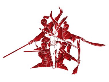 Kung Fu fighter silah ile savaş sanatları eylem poz karikatür grafik vektör.