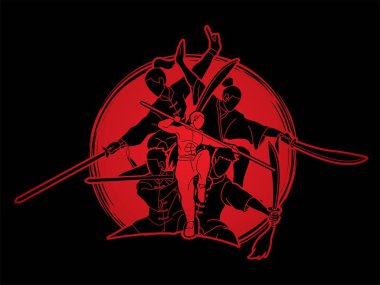 Kung Fu fighter silah ile savaş sanatları eylem poz karikatür grafik vektör.