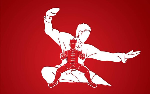 Kung Fu fighter, Martial arts action pose cartoon graphic vector