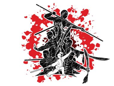 Grup insanlar Kung Fu Fighter, dövüş sanatları ile silah eylem karikatür grafik vektör.
