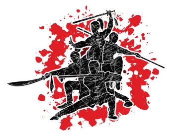 Grup insanlar Kung Fu Fighter, dövüş sanatları ile silah eylem karikatür grafik vektör.