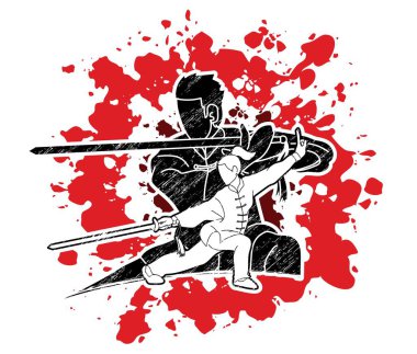 Erkek ve kadın Kung Fu fighter, dövüş sanatları ile silah eylem karikatür grafik vektör.