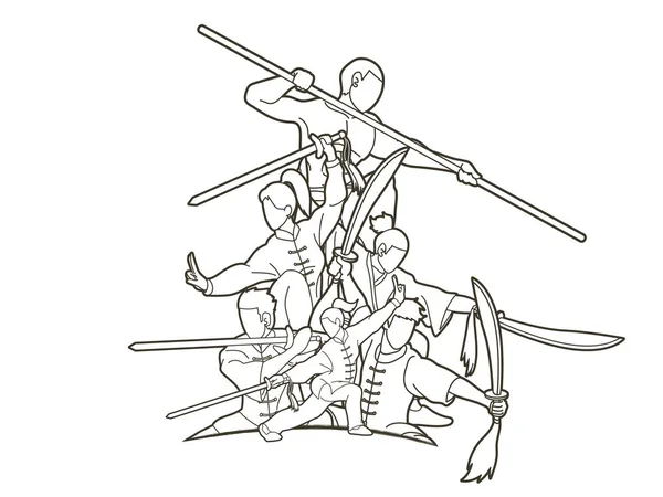 Група Людей Кунг Винищувач Бойових Мистецтв Зброї Дію Мультфільму Графічний — стоковий вектор