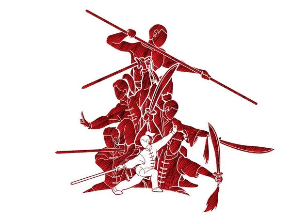 Groupe Personnes Kung Combattant Arts Martiaux Avec Des Armes Action — Image vectorielle