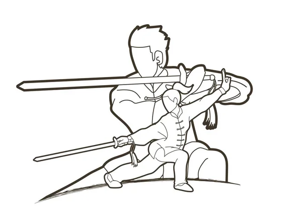 Uomo Donna Kung Fighter Arti Marziali Con Armi Action Cartoon — Vettoriale Stock