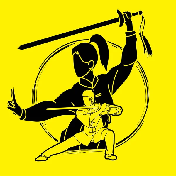 Homem Mulher Kung Lutador Artes Marciais Com Armas Ação Cartoon — Vetor de Stock