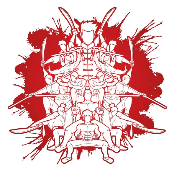 Grupo Gente Kung Luchador Artes Marciales Con Armas Acción Vector — Vector de stock