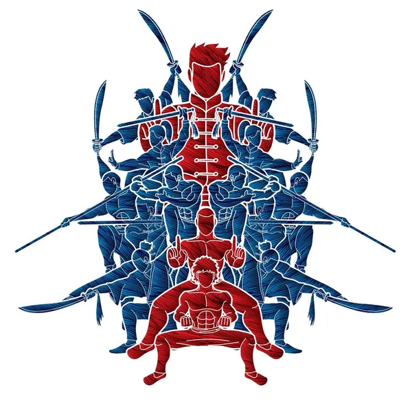 Группа Народного Кунг Истребитель Боевые Искусства Оружием Действие Мультфильм Графический — стоковый вектор