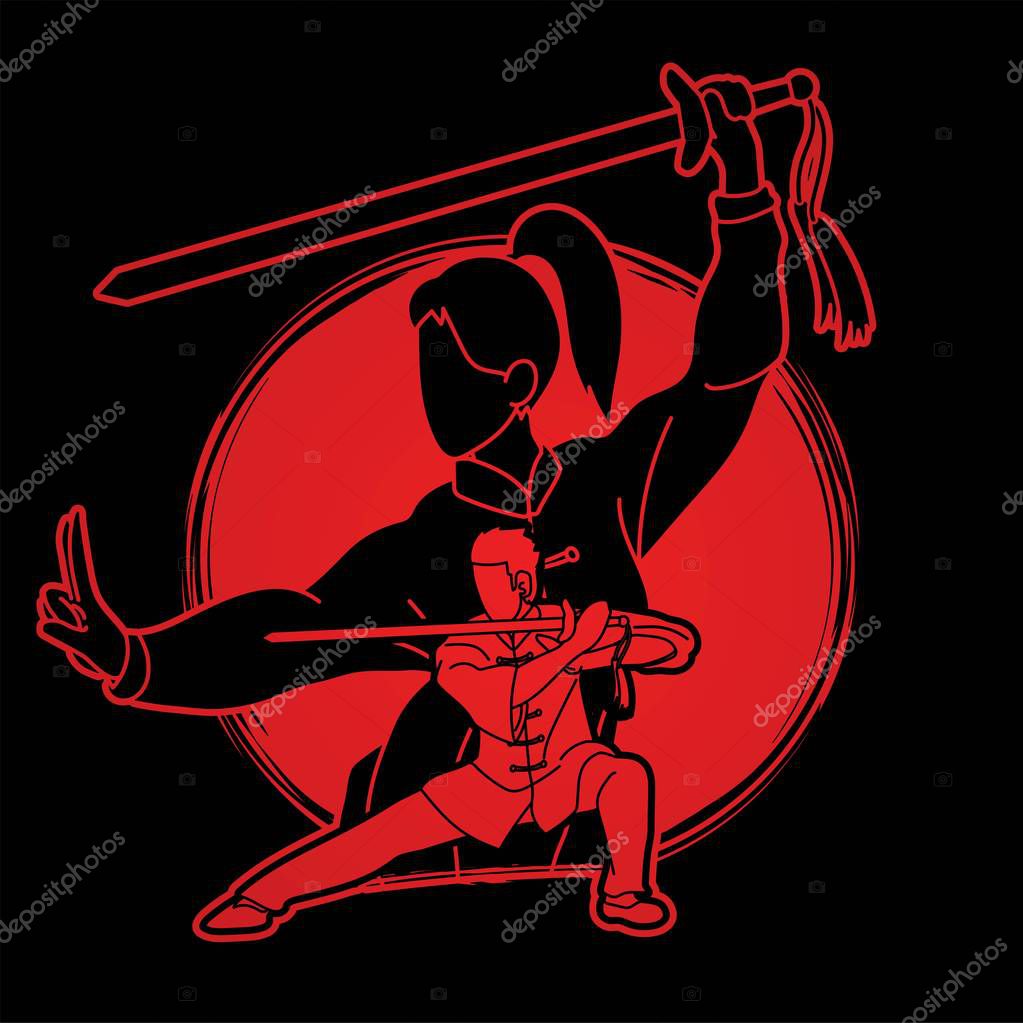 Man and woman Kung Fu fighter, Martial arts with weapons action cartoon graphic vector.
