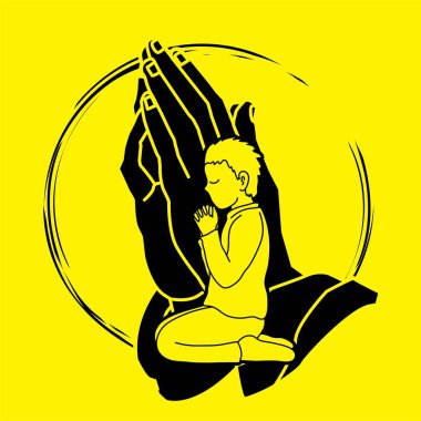 Küçük çocuk dua, övgü Tanrı'ya, Double exposure grafik vektör